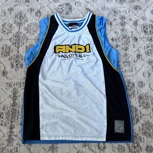 And1 White, Black & Sky Blue Basketball Tank with Yellow Logo